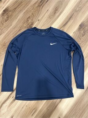 Nike Navy Blue Long Sleeve Dri-FIT Top with White Swoosh
